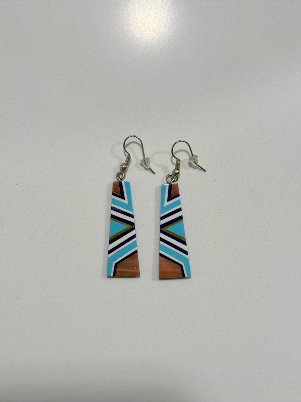 Southwestern Geometric Drop Earrings Light Blue Brown Chevron Acrylic